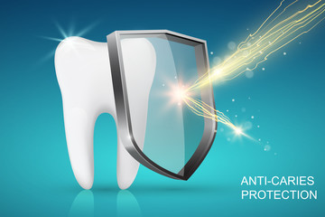Healthy tooth and glass shield with lightning, anti-caries protection concept