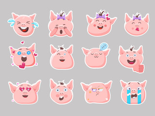 Obraz premium Little pink pigs.Vector set of cute funny emoji characters. Weeping, laughing, sleeping,emory, sad, surprised, angry, scared characters. Stickers. Flat style.