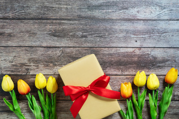 Boxing day Sale concept Christmas gift box on wooden background, top view