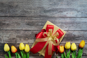 Boxing day Sale concept Christmas gift box on wooden background, top view