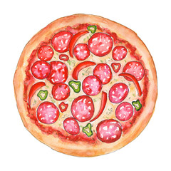 Watercolor pizza diablo with sausage, pepper, chile and cheese. Illustration isolated on a white background. Sketch for pizzeria.