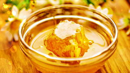 Honeycomb in glass bowl. Close-up of honey. Healthy organic. Sweet dessert background