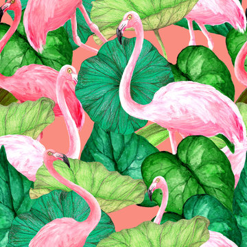 Watercolor seamless pattern with flamingos