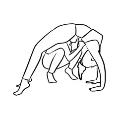 Fitness woman doing yoga with instructor vector illustration sketch doodle hand drawn with black lines isolated on white background