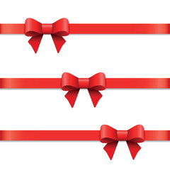 Vector set of decorative red bows with horizontal ribbon, isolated on white