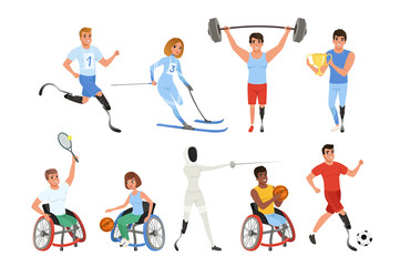 Plakat Set of Paralympics athletes with physical disabilities. Smiling men and women taking part in various sports games. Active lifestyle. Colorful flat vector design