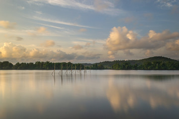 Landscape of fish farming structures being setup in Curtorim Lake in Goa,India