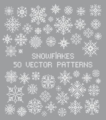Snowflakes set. Cross stitch. Scheme of knitting and embroidery. Winter ornament. 50 vector patterns.