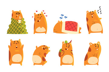 Cute cartoon hamster characters set, funny animal showing various actions and emotions vector Illustrations
