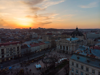Fototapeta na wymiar beauty sunset over old european city. birds eye view