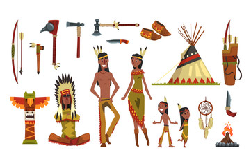 Native american indians and traditional clothes set, weapons and cultural symbols vector Illustrations © topvectors