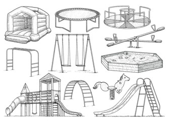 Playground equipment collection, illustration, drawing, engraving, ink, line art, vector © jenesesimre