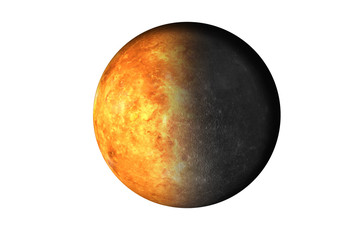 Half planet Mercury with half Venus planet of solar system isolated on white background. Death of the planet. Elements of this image were furnished by NASA.