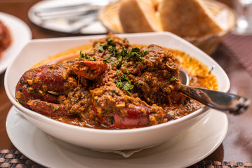 Goan Seafood crab xek xek served for dinner