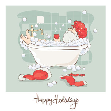 Santa after work / Grandfather relaxing in a bath with a cup of hot drink, funny postcard