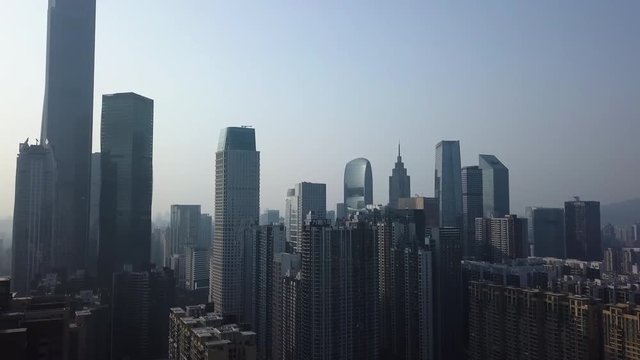 Aerial shot of Guangzhou central building district on a sunny day in the afternoon