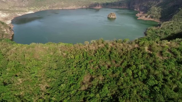 Aerial view of tall volcanic lake in Talisay, Philippines.