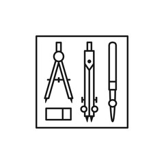 Black & white vector illustration of drafting kit with compass dividers, ruling pen. Line icon of instruments for architect, drafter, draftsman. Technical & mechanical drawing tools. Isolated objects