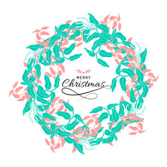 Fototapeta na wymiar Christmas floral wreath, hand drawn flat-leaved vanilla in green and red