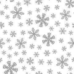 Winter seamless pattern with grey snowflakes on white background. Endless ornament for banner, greeting card, wrapping paper, packaging. Vector illustration