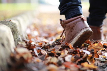 Autumn Park man walking along a path foliage