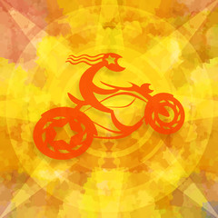 Biker riding speed motorcycle in fire flames on burning background