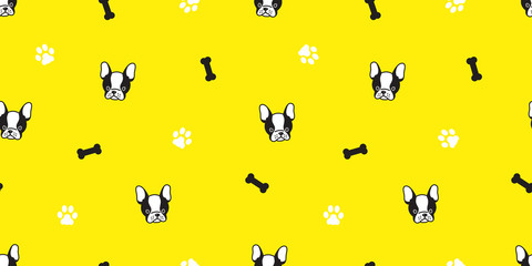 dog Seamless pattern vector french bulldog pug bone paw tile background repeat wallpaper isolated yellow