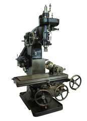 Vintage old drilling bench press isolated on white background