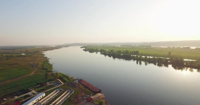 Wide Kama River with Summer Sunset at Clear Sky - Aerial View