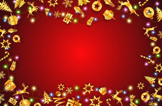 concept of Christmas festival and New Year celebration,red background and gold elements on copy space which were design for decorative xmas tree,greeting card and party invitation for celebration