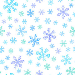 Winter seamless pattern with blue & violet snowflakes on white background. Endless ornament for banner, greeting card, paper packaging. Vector illustration