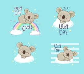 Beautiful Cute childish print Set with koala. Sketch Hand Drawn Animal koala and phrase - Lazy Day. Textile design Vector illustration.