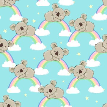 Hand Drawn cute koala and rainbow Pattern, print design background, children print textile design