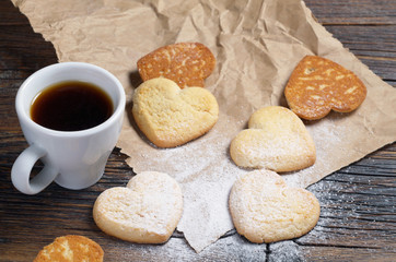 Coffee and cookies in shape of heart