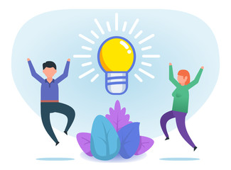 People jumping with big idea light bulb. Creative team, inspiration, imagination. Flat style vector illustration