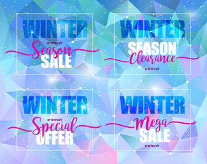 winter sale set on a on blue triangular background. Vector illustration, template design, list, brochure, banner, cover, booklet, flyer, blank, card, poster