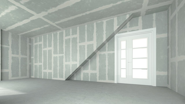 Verspachtelter Trockenbau in gro&szlig;em Zimmer
