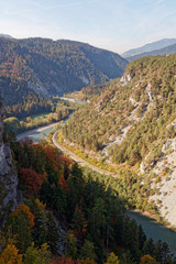 Fototapeta na wymiar Sunny autumnal Ruinaulta - Rheinschlucht (Rhine canyon), Illanz/Glion - Reichenau, Switzerland