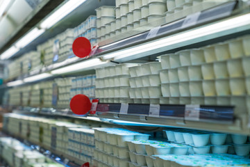 Yoghurts on the shelf in the supermarket