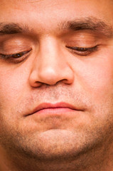 Looking down man. Facial expression, emoji face, emotion close-up.