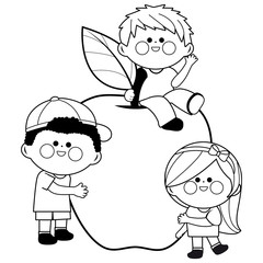 Children and apple fruit. Vector black and white coloring page.