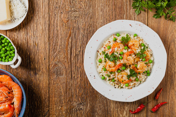 Risotto With Shrimp. Flat lay.