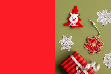 Christmas background, greeting card. Decoration, gift, snowflakes, hand made. Space for text.