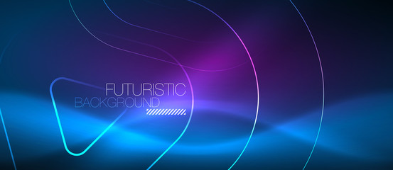 Neon glowing techno lines, hi-tech futuristic abstract background template with geometric shapes