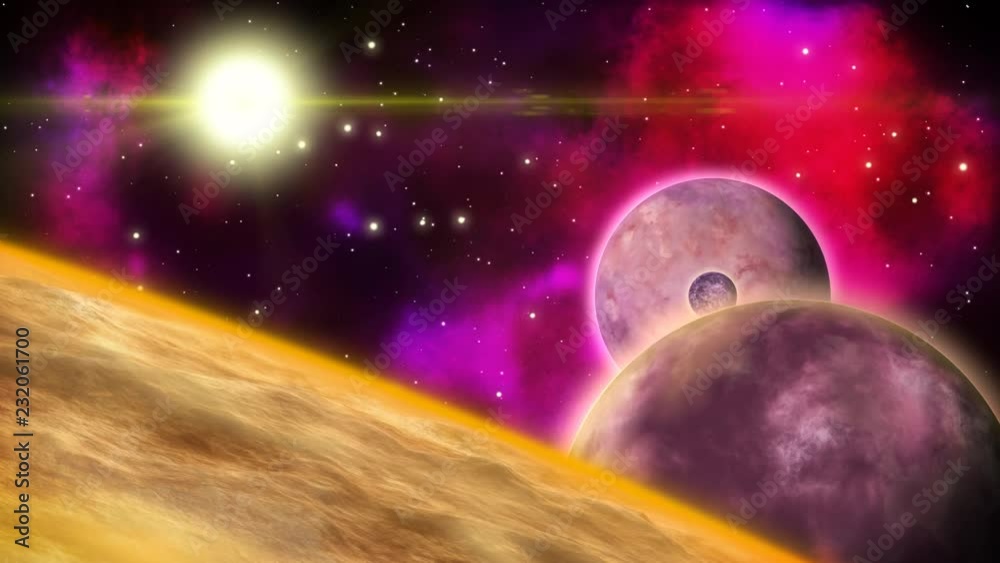 Wall mural rotating planets in the deep space with twinkling stars and nebulae. loop.