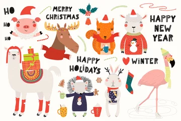 Sierkussen Big set with cute animals doing winter, Christmas activities, typography. Isolated objects on white background. Hand drawn vector illustration. Scandinavian style flat design. Concept for kids print. © Maria Skrigan
