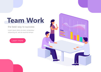 People work in office in a team with graphs. Management, business, workflow situations. Concept for infographics, web banner, landing page. Flat isometric vector illustration.