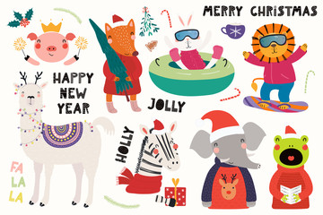 Big set with cute animals doing winter, Christmas activities, typography. Isolated objects on white background. Hand drawn vector illustration. Scandinavian style flat design. Concept for kids print. © Maria Skrigan