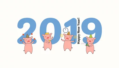 Stof per meter Hand drawn New Year 2019 greeting card, banner template with big numbers, cute funny pigs celebrating, typography. Line drawing. Isolated objects. Vector illustration. Design concept for party. © Maria Skrigan