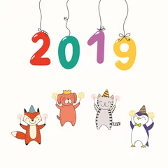 Poster Hand drawn New Year 2019 card, banner with numbers hanging on strings, cute funny animals celebrating. Line drawing. Isolated objects on white background. Vector illustration. Design concept for party © Maria Skrigan